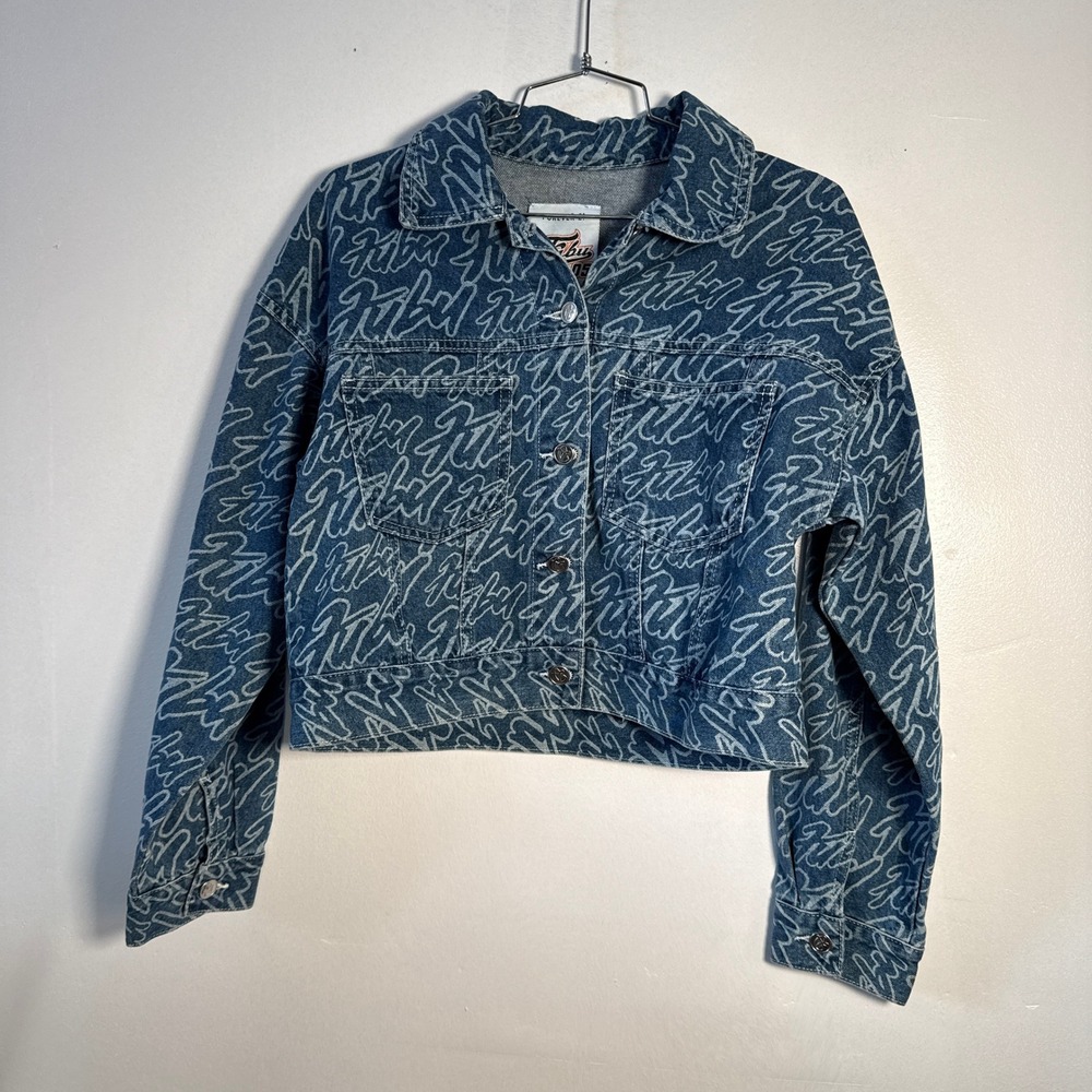 Forever 21 x FUBU‎ Denim Jacket Womens Small Blue Excellent Cropped Logo Print